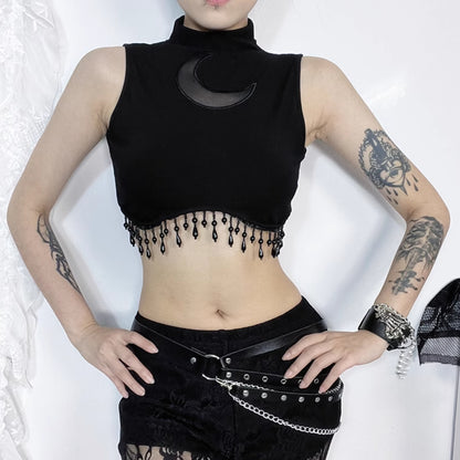 Moon Embroidered Beaded Crop Top