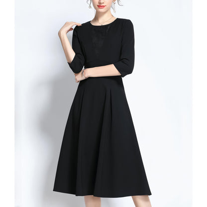 Lace Panel Three-Quarter Sleeve Black Midi Dress