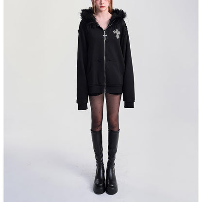Faux Fur Trim Zip-Up Hoodie