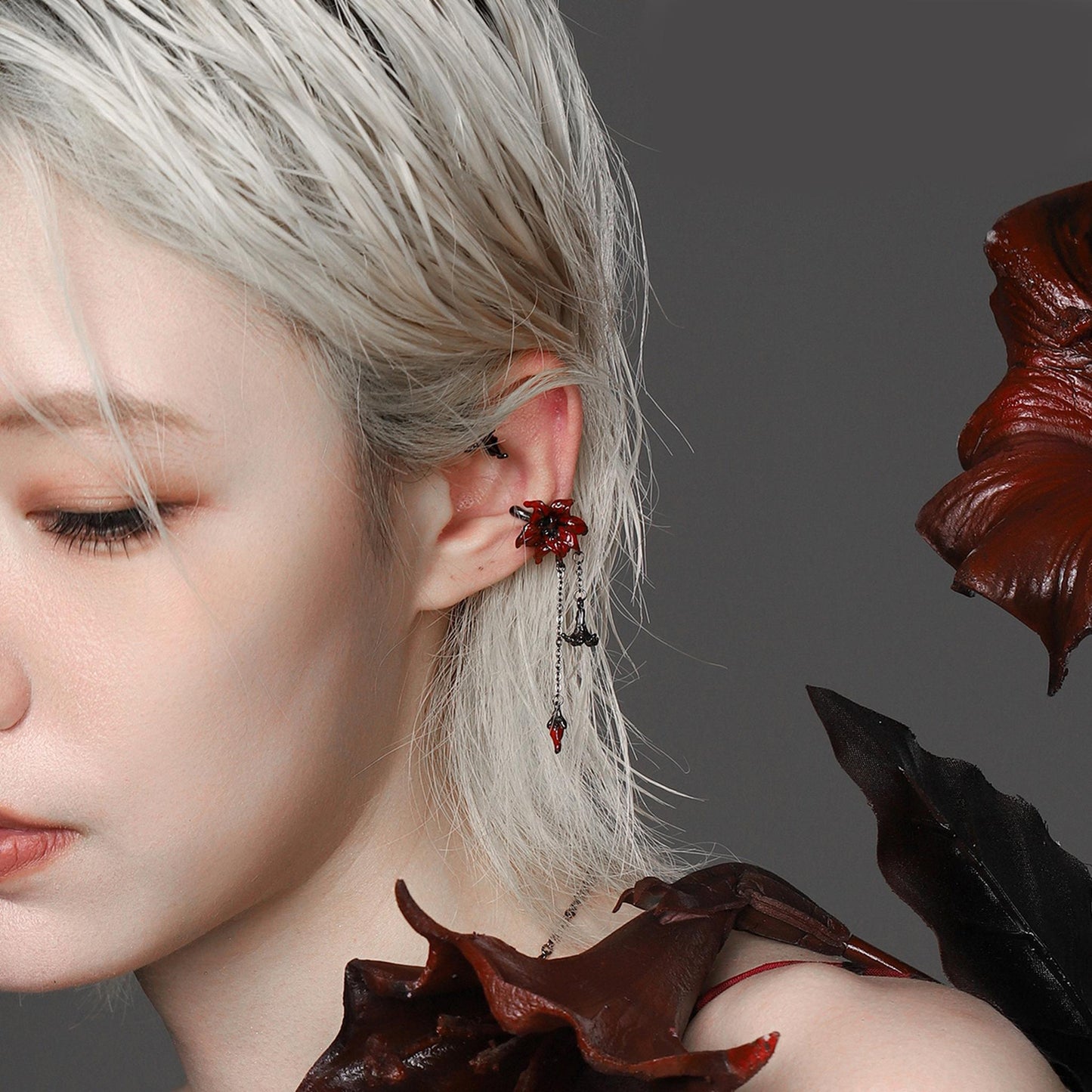 Red Lily Drop Chain Ear Cuff Set