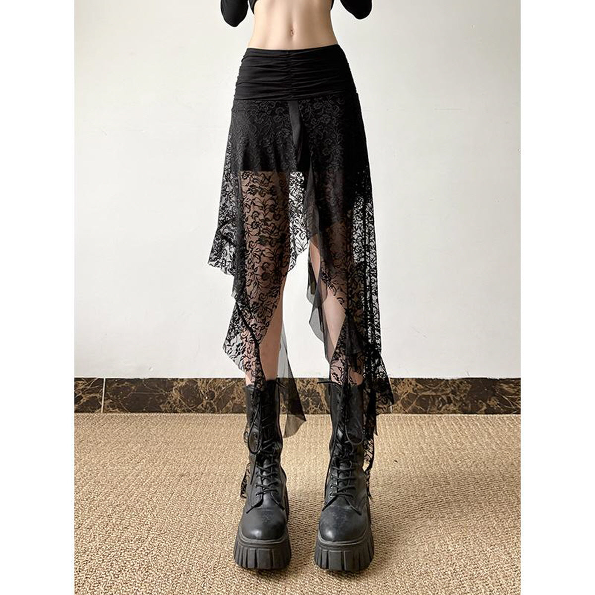 Asymmetrical Ruffled Sheer Lace Skirt