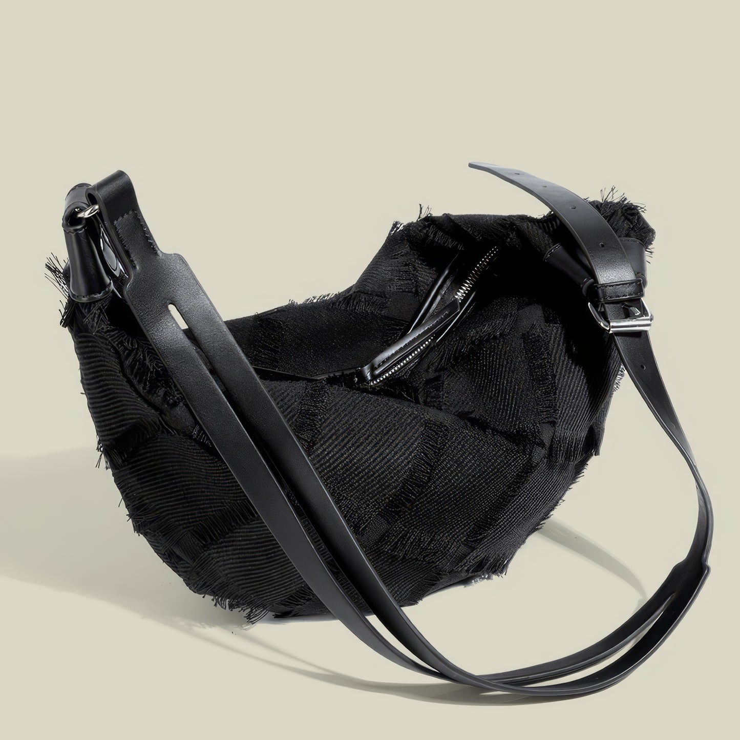 Frayed Patchwork Hobo Bag with Mini Pouch
