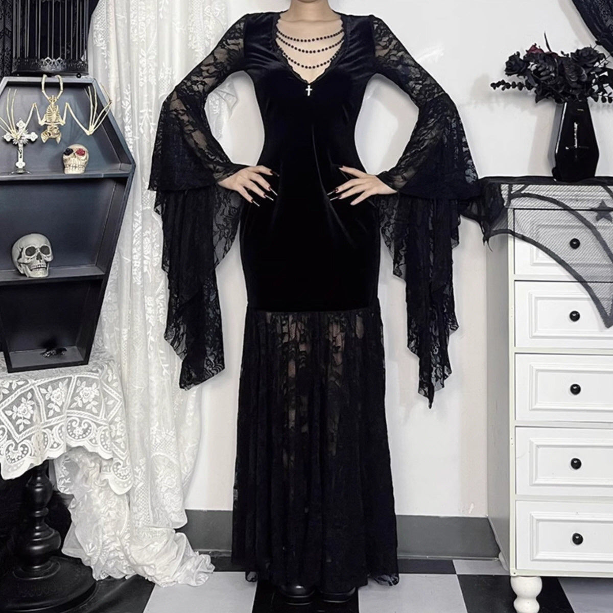 Velvet Lace Bell Sleeve Maxi Dress