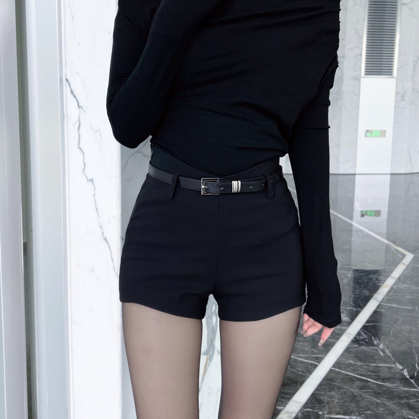 Slim Belted High Waist Black Shorts