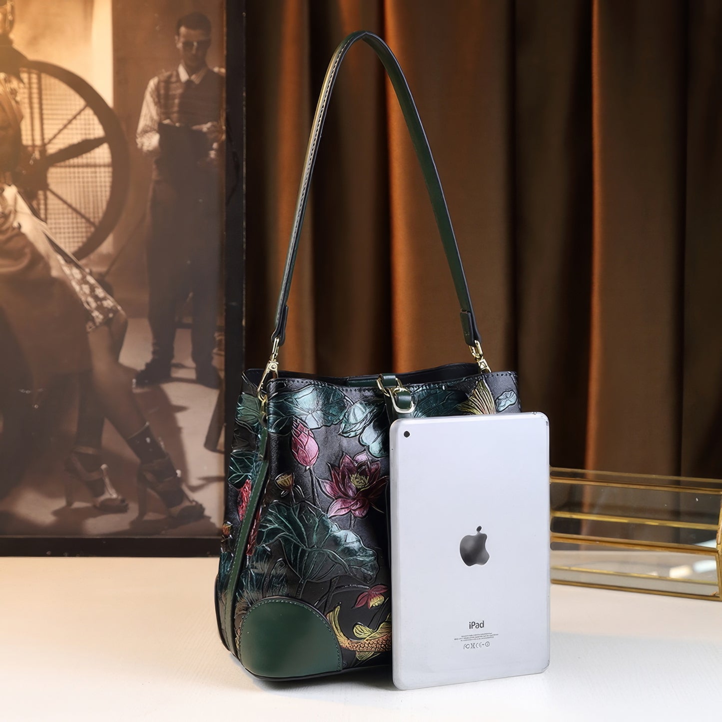 Embroidered Koi Lotus Leather Shoulder Bag