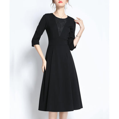 Lace Panel Three-Quarter Sleeve Black Midi Dress