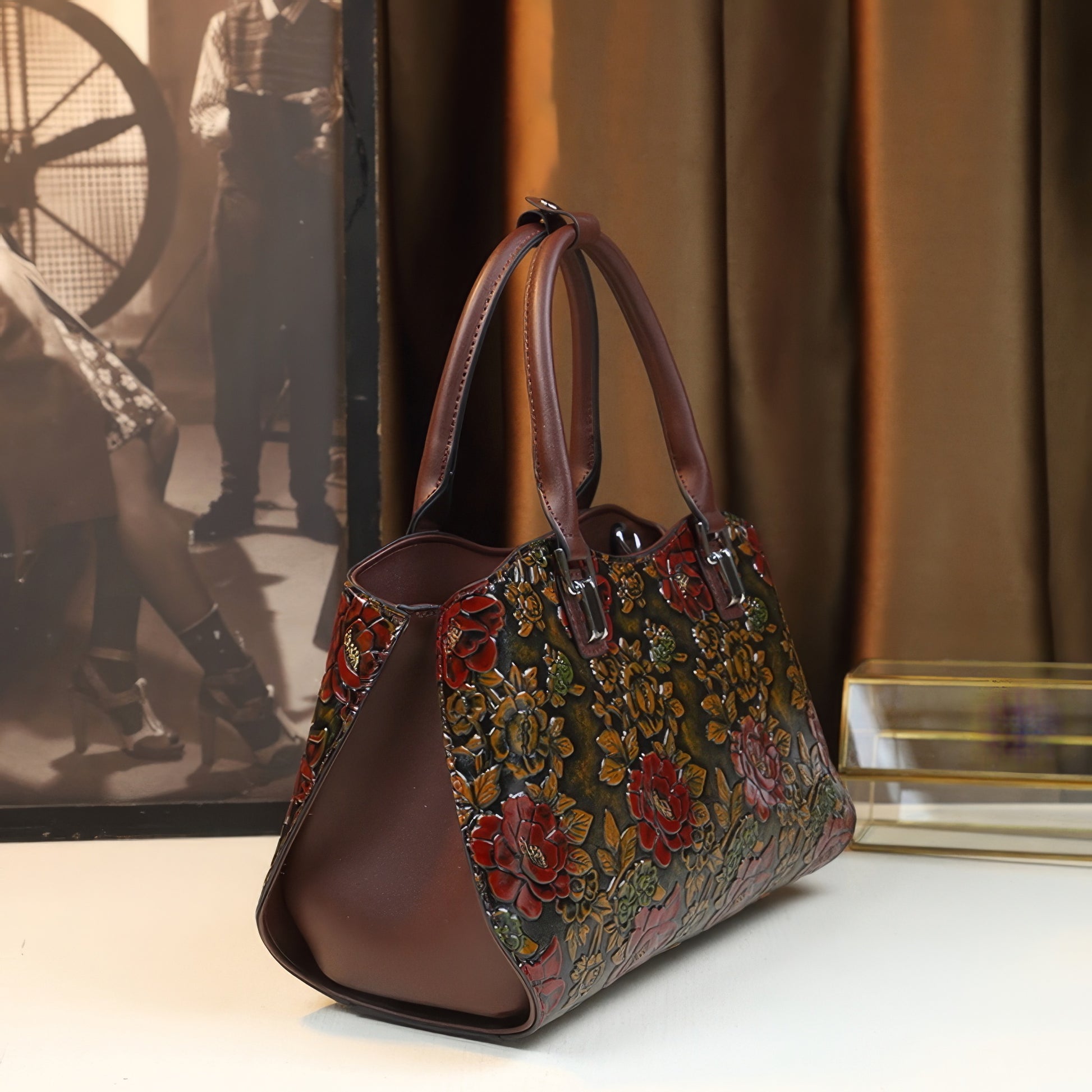 Embossed Rose Pattern Curved Handle Bag