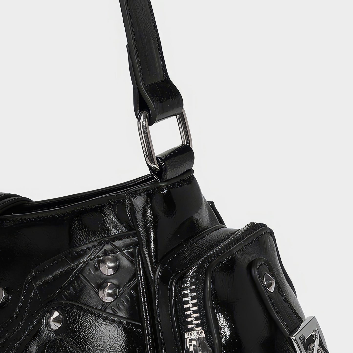 Glossy Buckle Pocket Baguette Bag