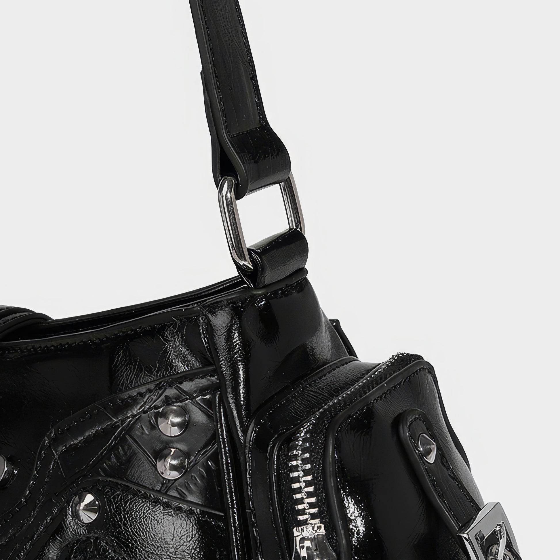 Glossy Buckle Pocket Baguette Bag