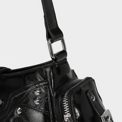 Glossy Buckle Pocket Baguette Bag