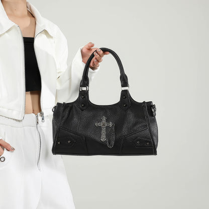 Black Cross Chain Faux Leather Handbag