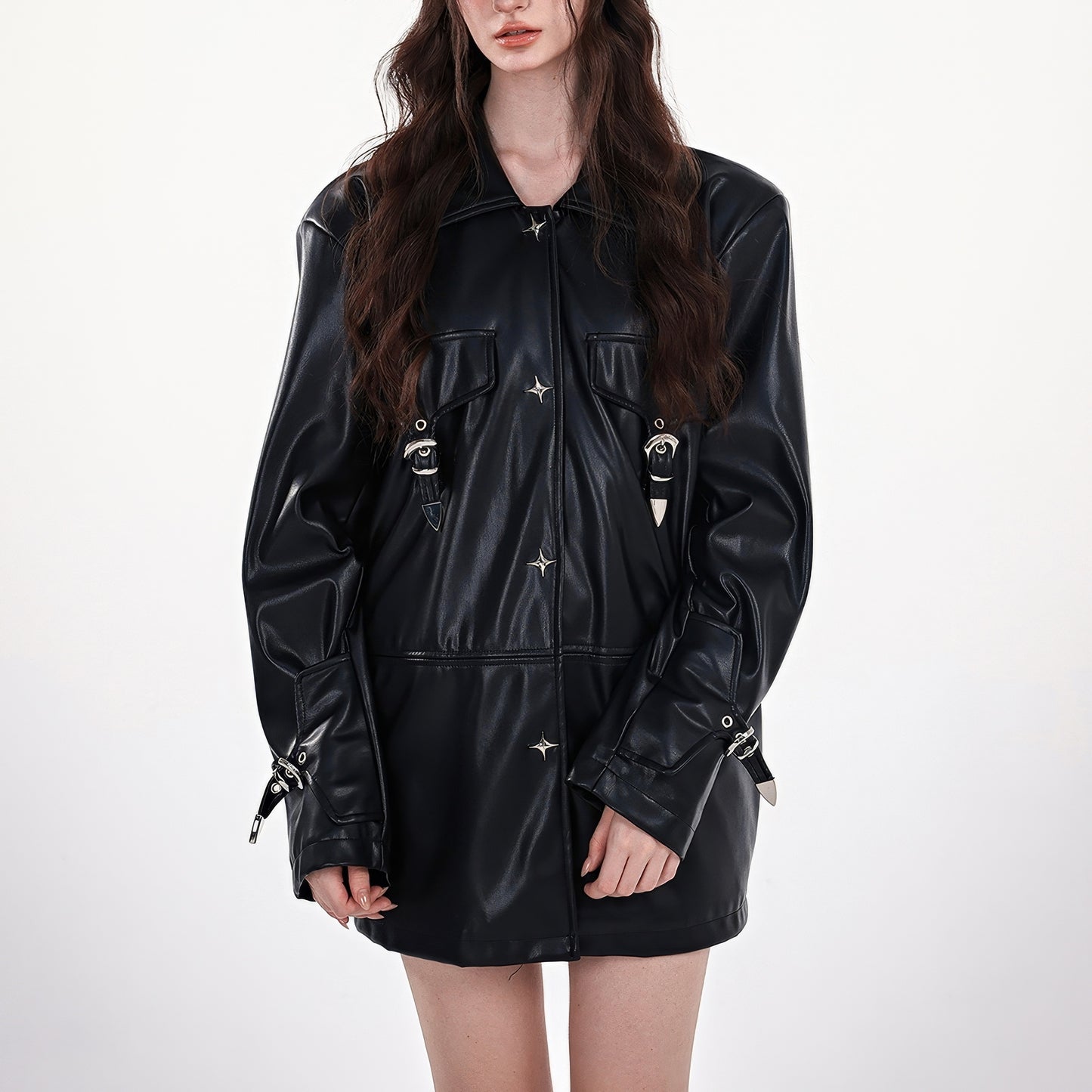 Star Rivet Faux Leather Oversized Jacket