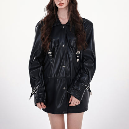 Star Rivet Faux Leather Oversized Jacket