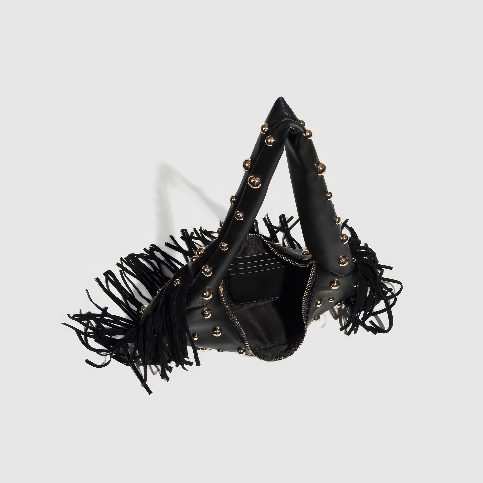Fringed Studded Crescent Shoulder Bag