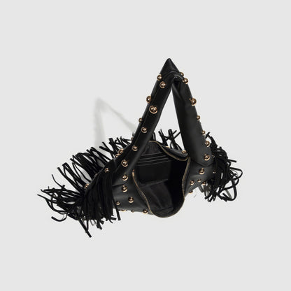 Fringed Studded Crescent Shoulder Bag