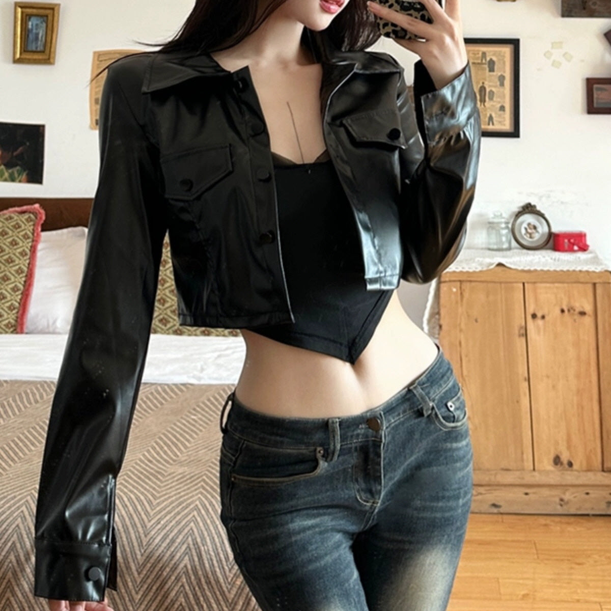 Cropped Faux Leather Jacket