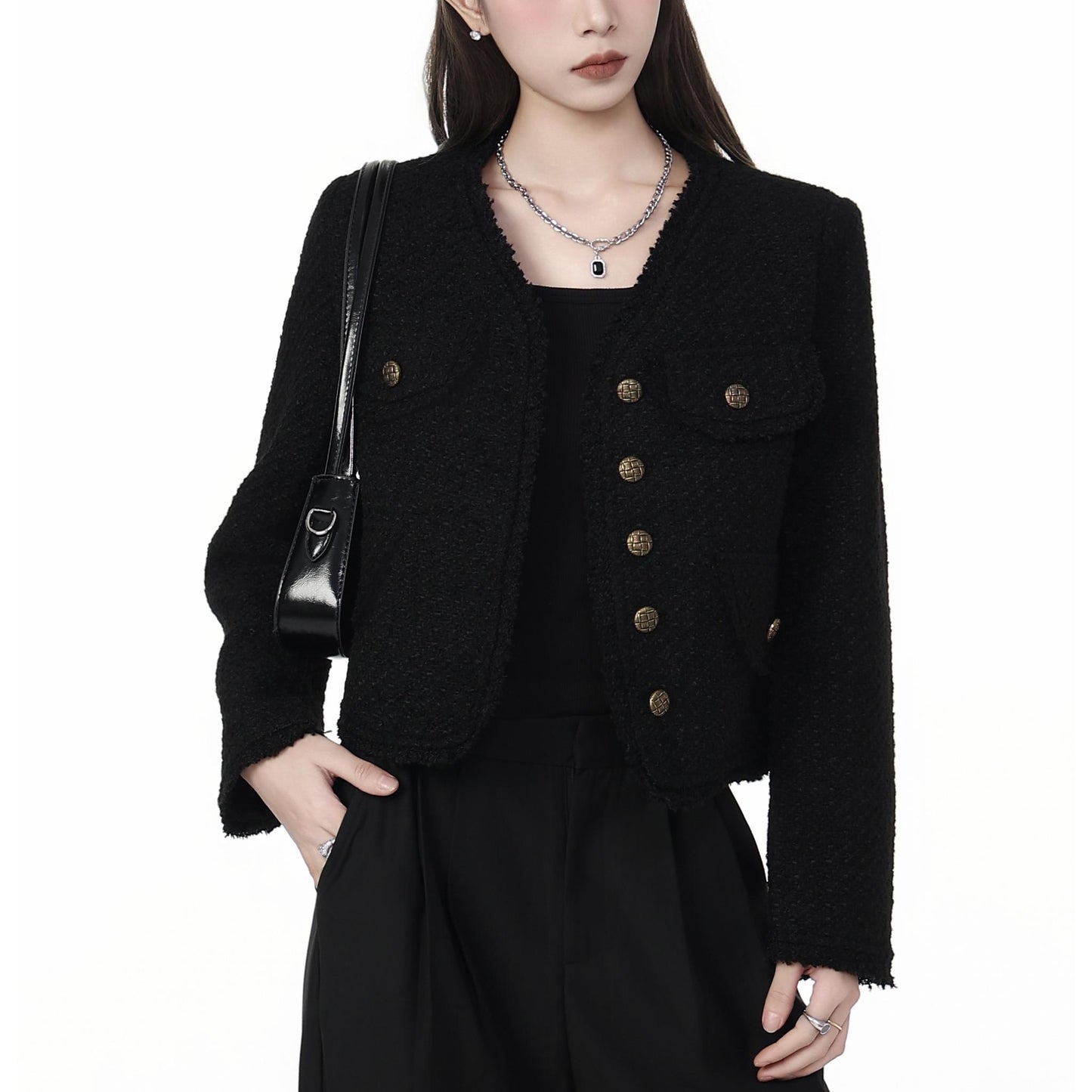 Textured Button-Up Tweed Cropped Jacket