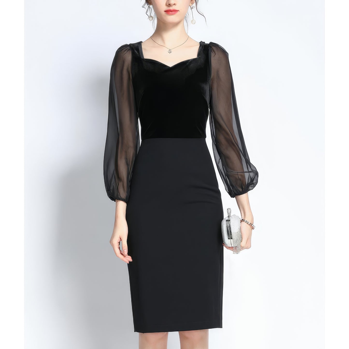 Velvet Sheer Sleeve Sweetheart Pencil Dress