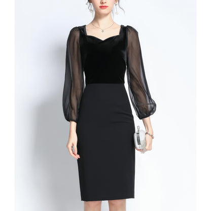 Velvet Sheer Sleeve Sweetheart Pencil Dress