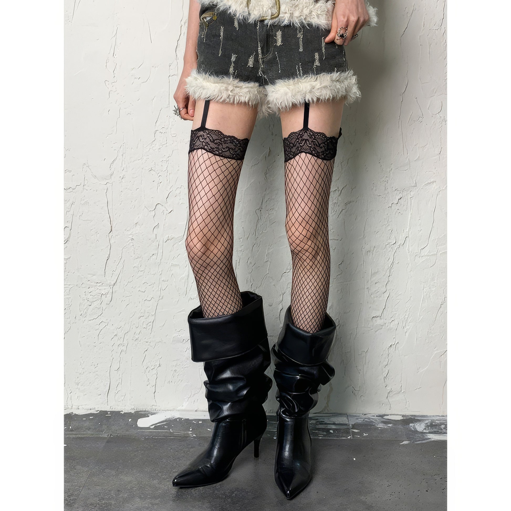 Lace Trim Fishnet Garter Tights