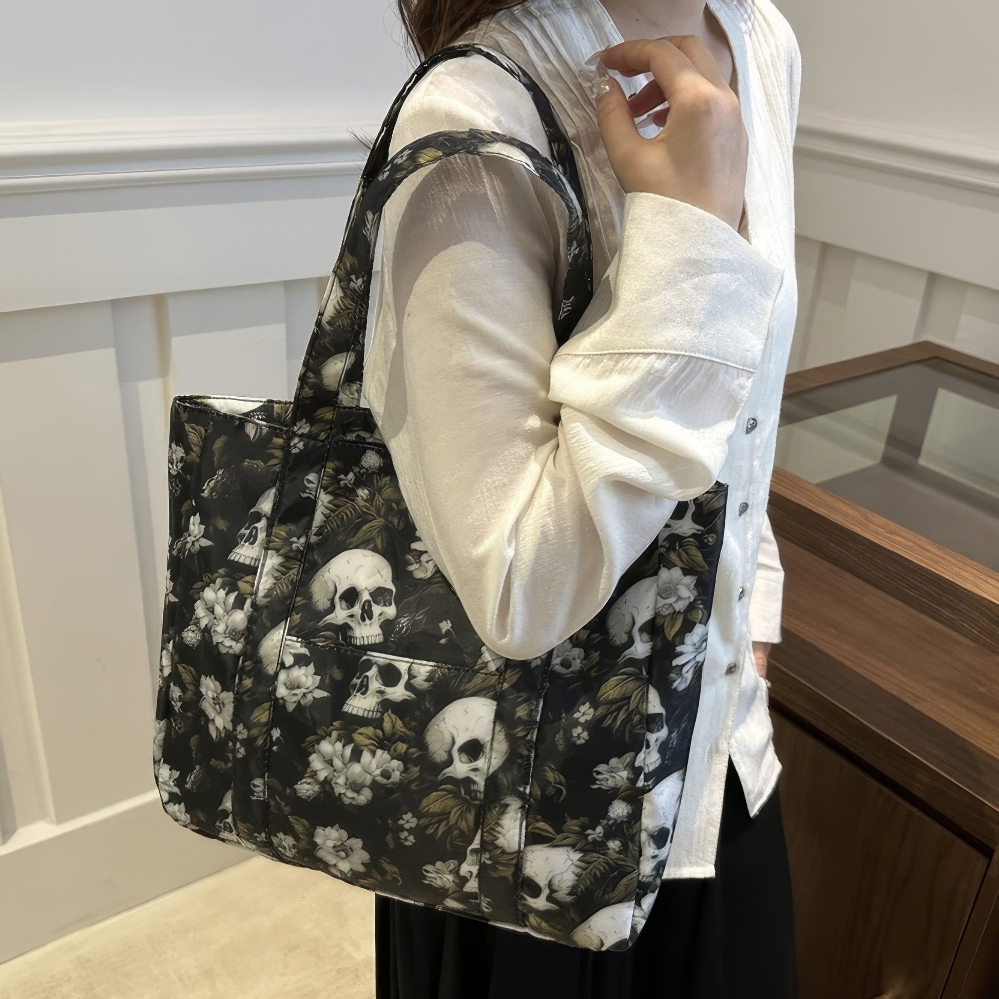 Floral Skull Print Canvas Tote