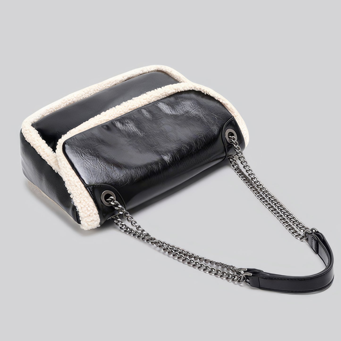 Faux Leather Shearling Trim Chain Bag Set