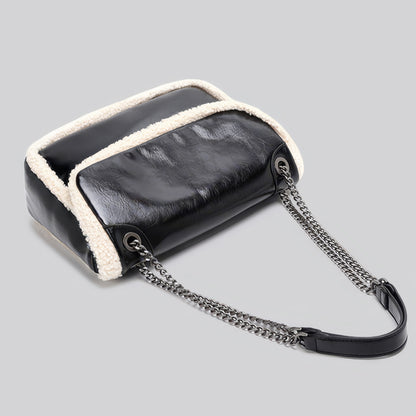 Faux Leather Shearling Trim Chain Bag Set