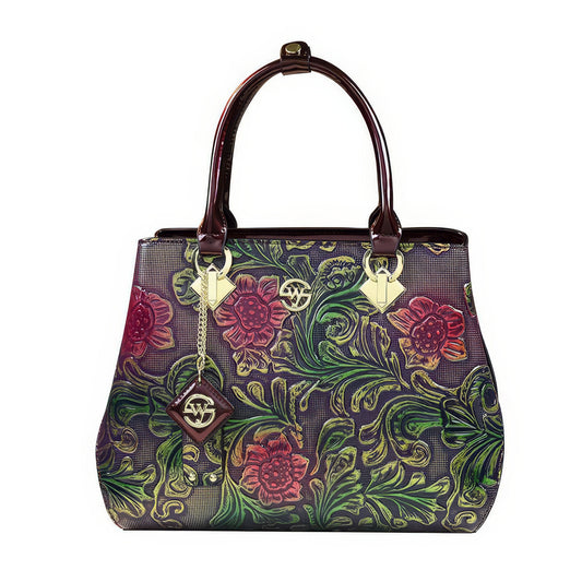 Purple Embossed Floral Patent Tote Bag