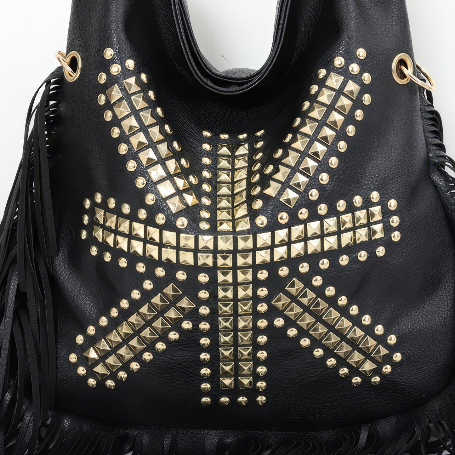 Fringe Studded Black Hobo Shoulder Bag