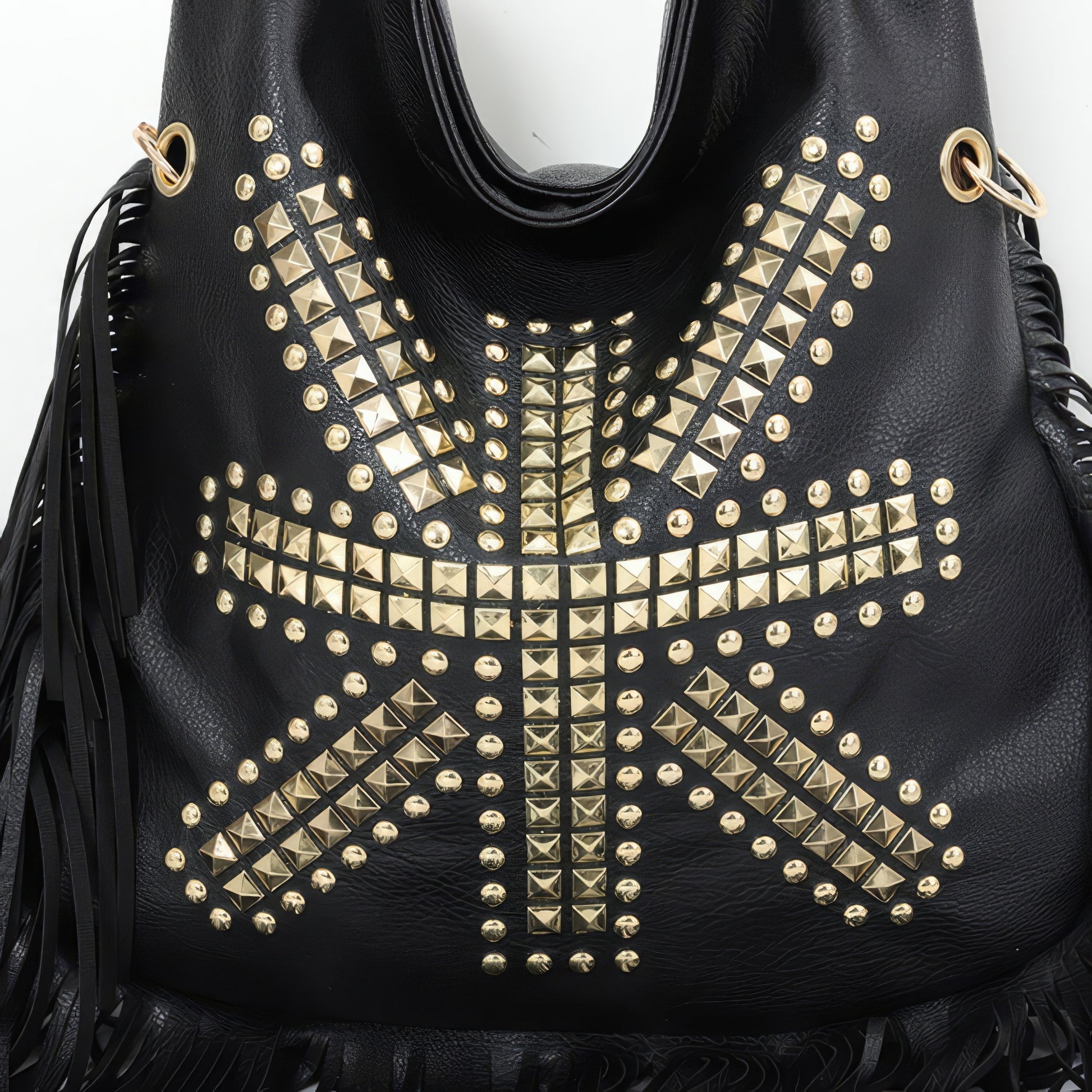 Fringe Studded Black Hobo Shoulder Bag