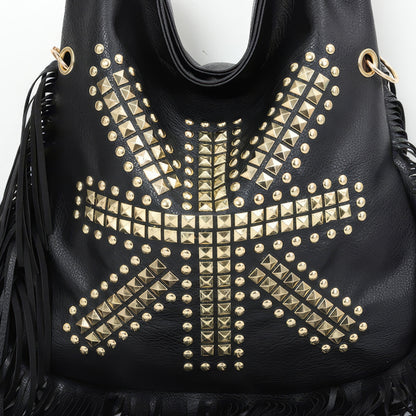 Fringe Studded Black Hobo Shoulder Bag