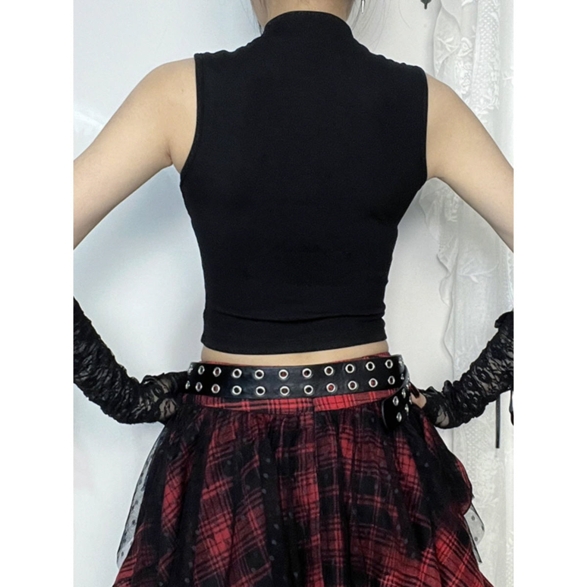 Black Plaid Buckle Crop Top