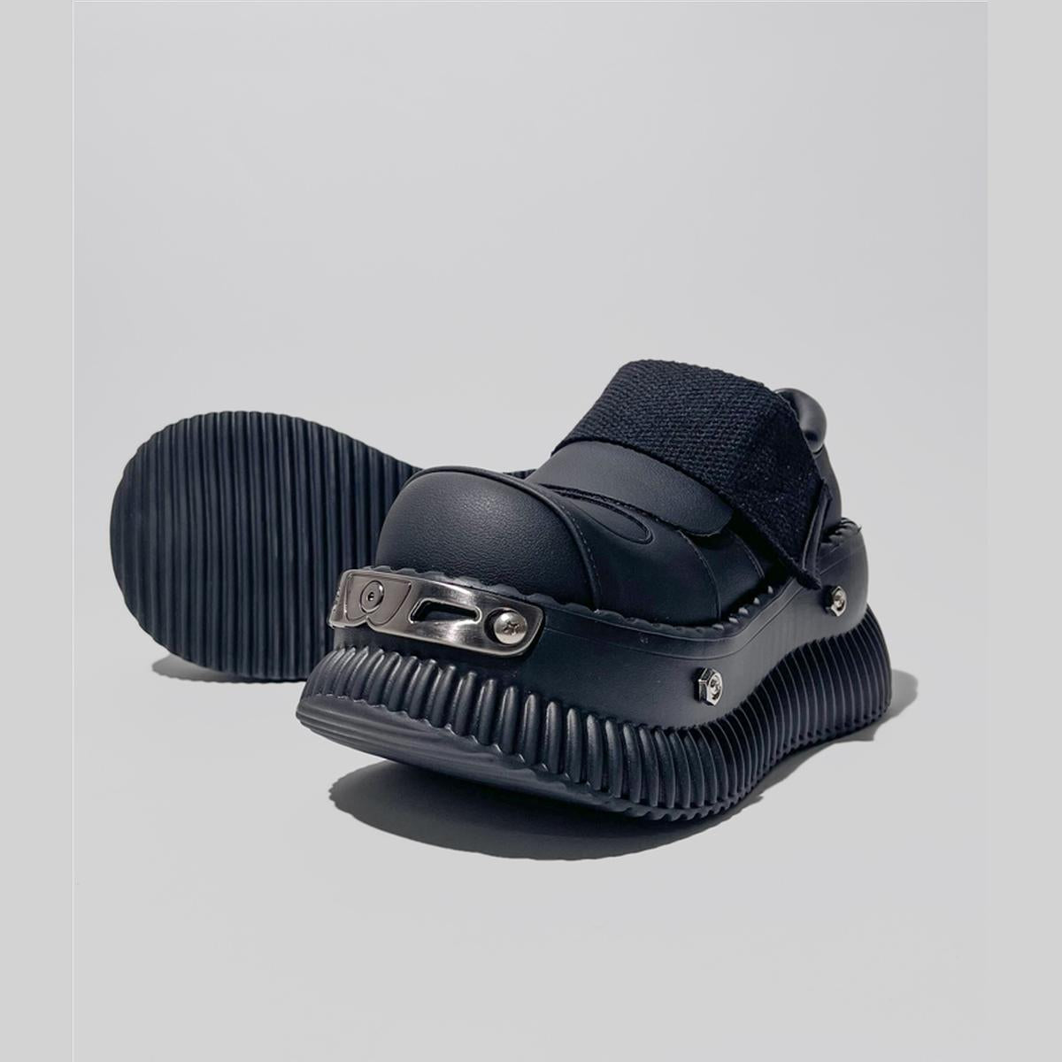 Black Metal-Accent Platform Velcro Shoes