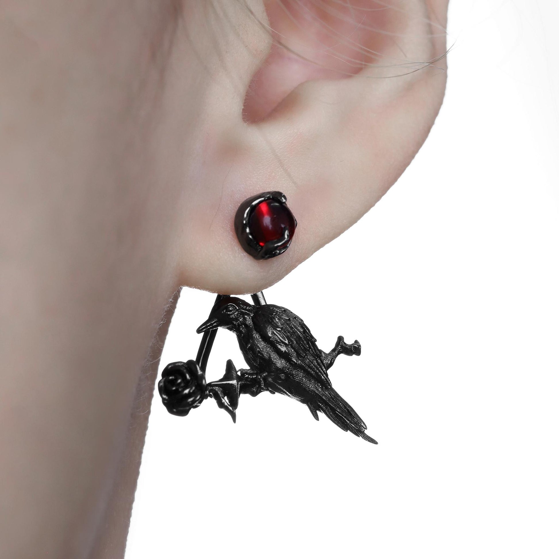 Red Gem Raven Rose Earrings