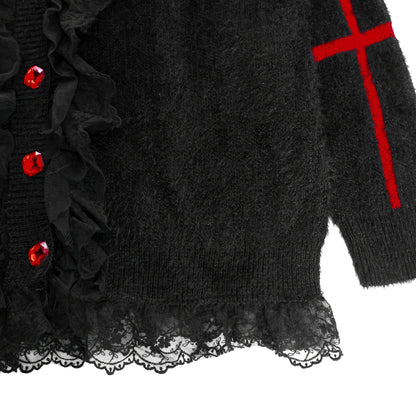 Lace Trim Fuzzy Knit Cardigan