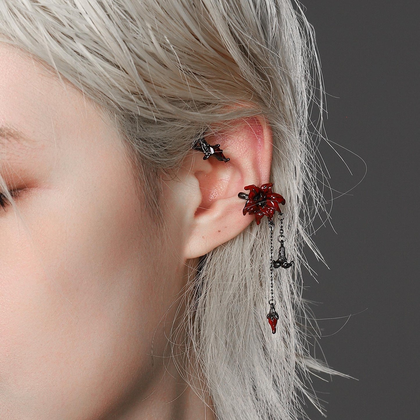 Red Lily Drop Chain Ear Cuff Set