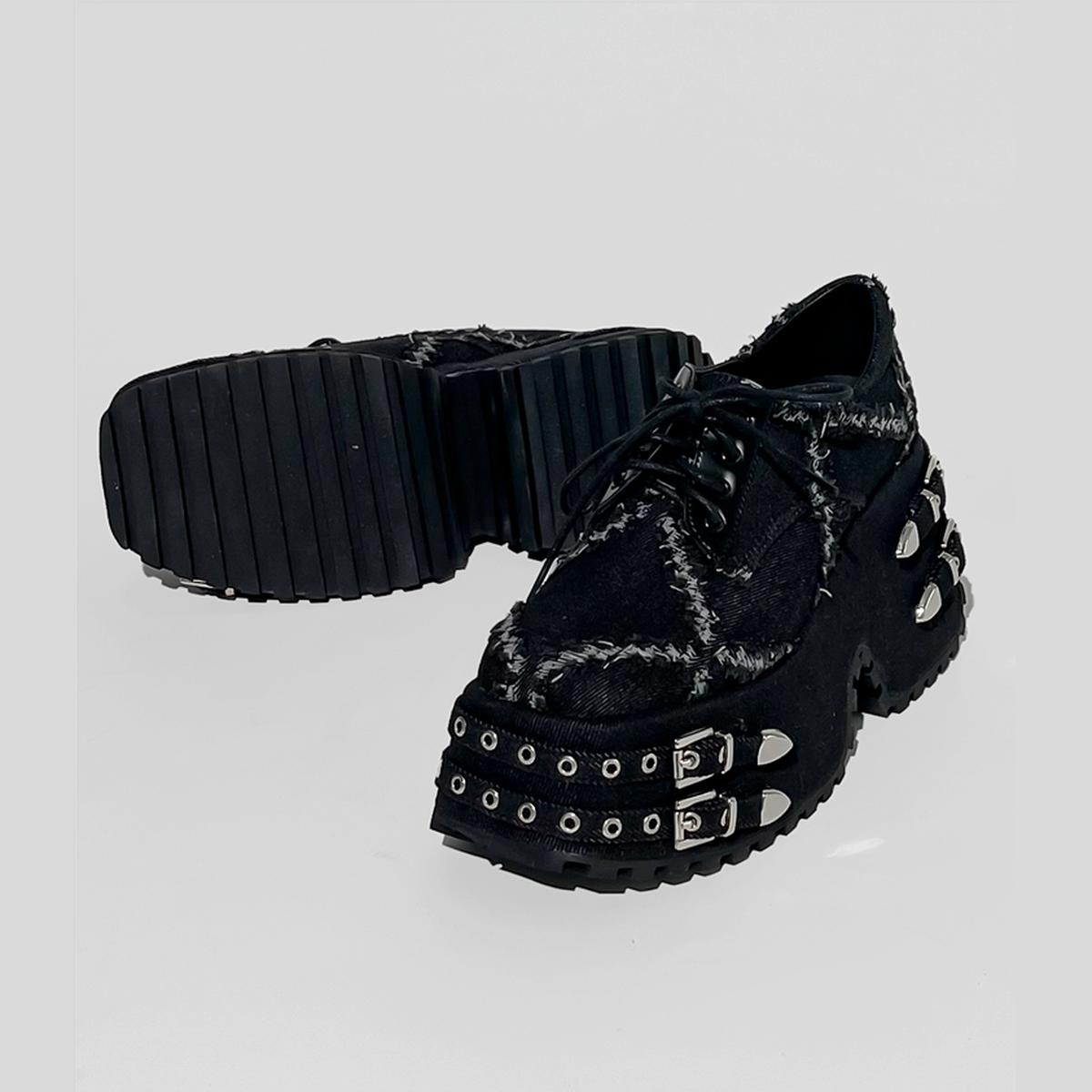 Black Distressed Buckle Platform Shoes