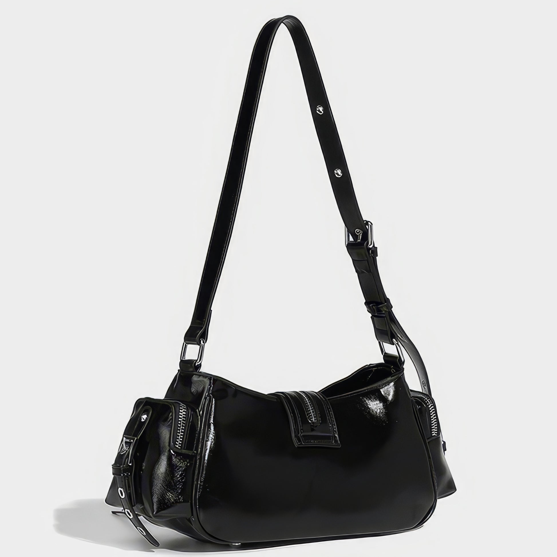 Glossy Buckle Pocket Baguette Bag