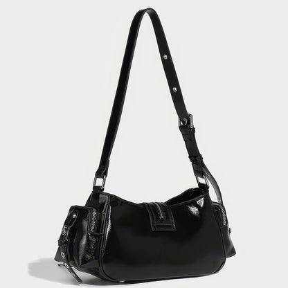 Glossy Buckle Pocket Baguette Bag