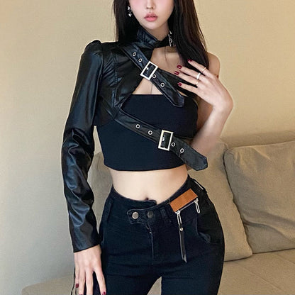 One-Sleeve Buckle Faux Leather Top