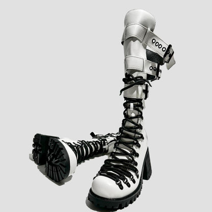 White Multi-Strap Heeled Combat Boots