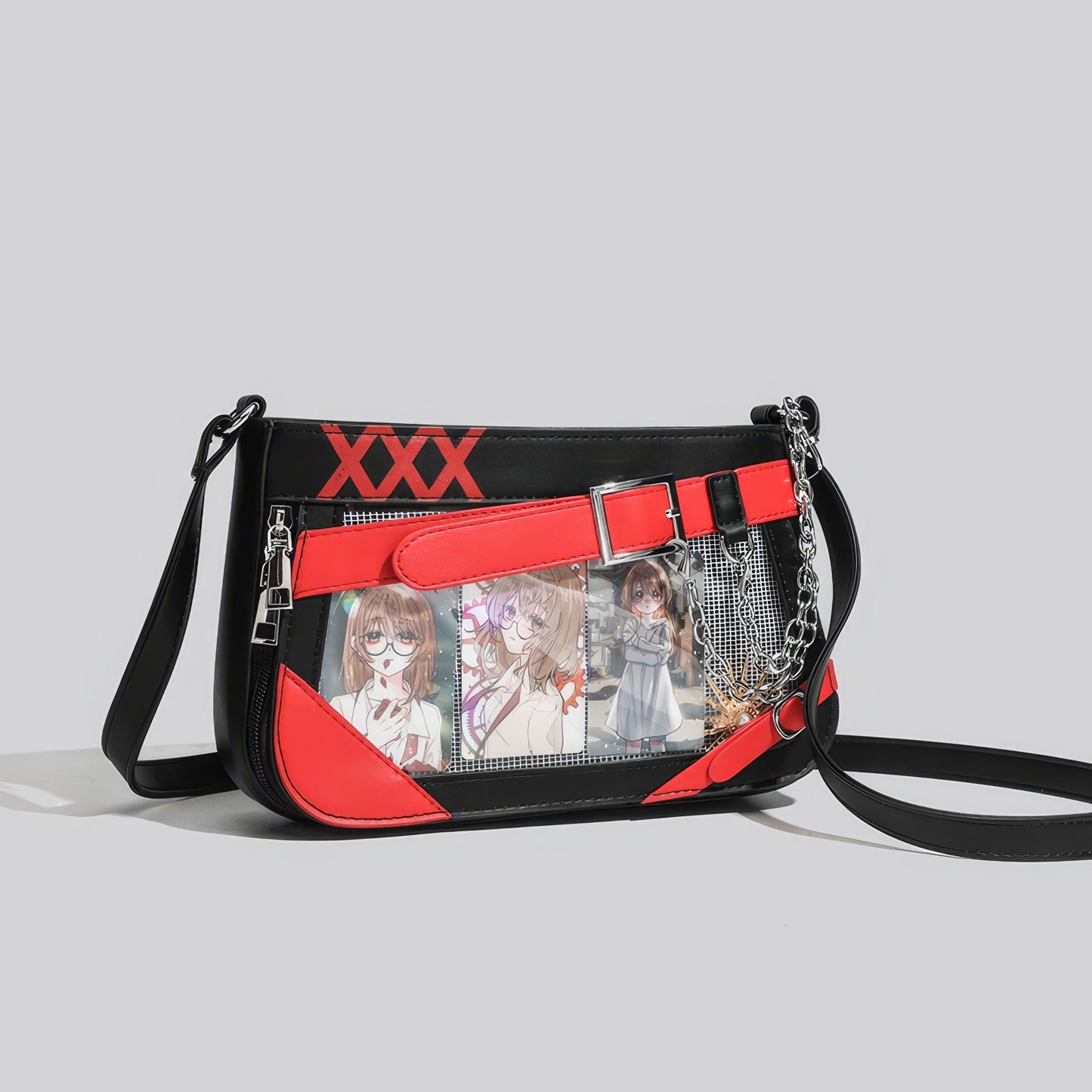 Belt Buckle Chain Detail Vinyl Shoulder Bag