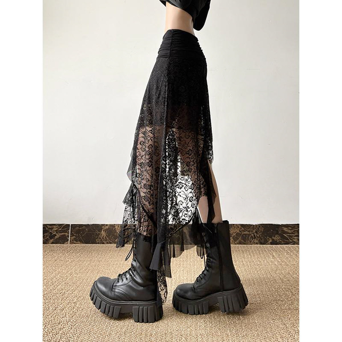 Asymmetrical Ruffled Sheer Lace Skirt