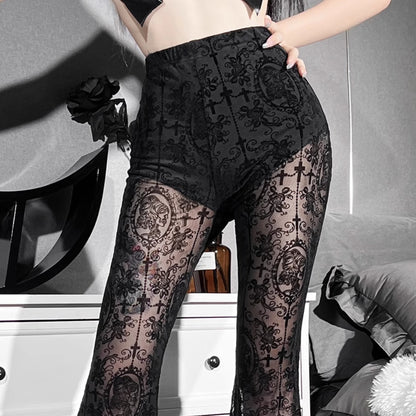 Black Lace Sheer Flare Pants