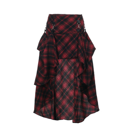 Red Plaid Layered Buckle Skirt