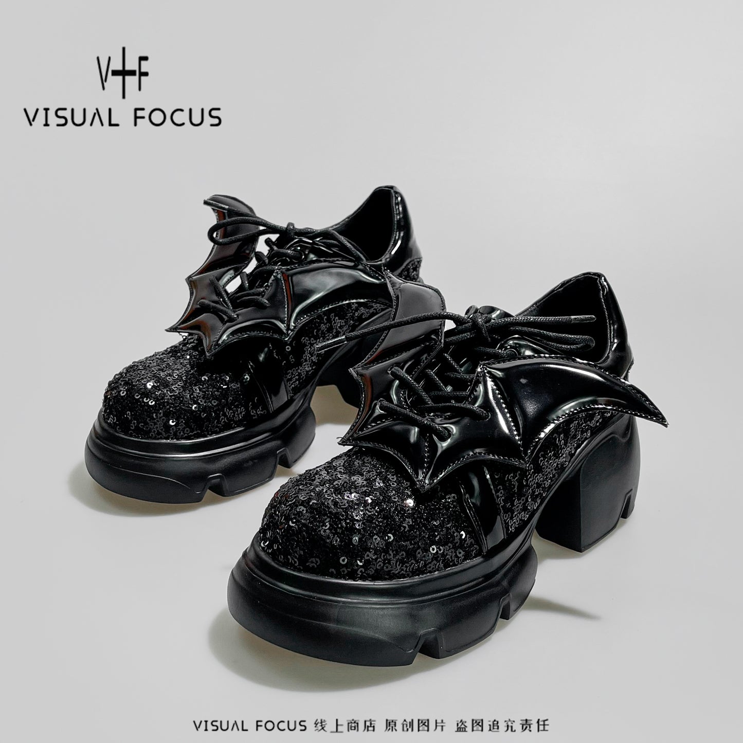 Black Sequin Bat Wing Platform Shoes