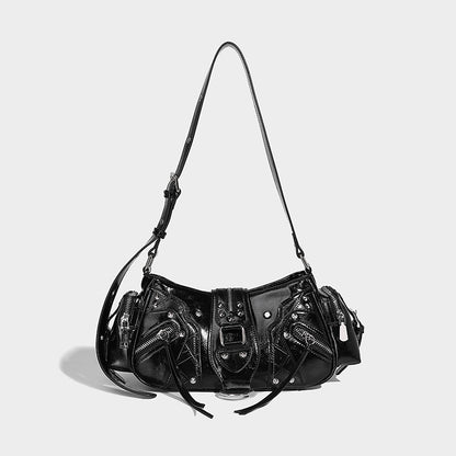 Glossy Buckle Pocket Baguette Bag