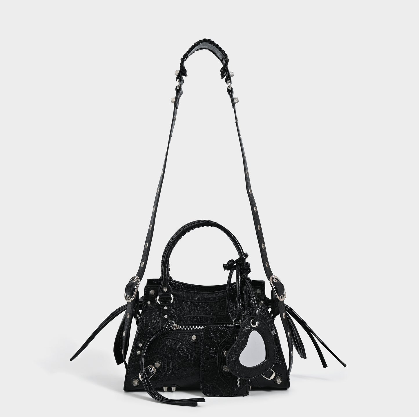 Studded Textured Leather Buckle Handbag