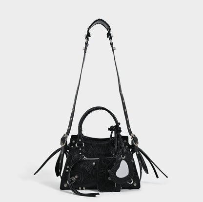 Studded Textured Leather Buckle Handbag