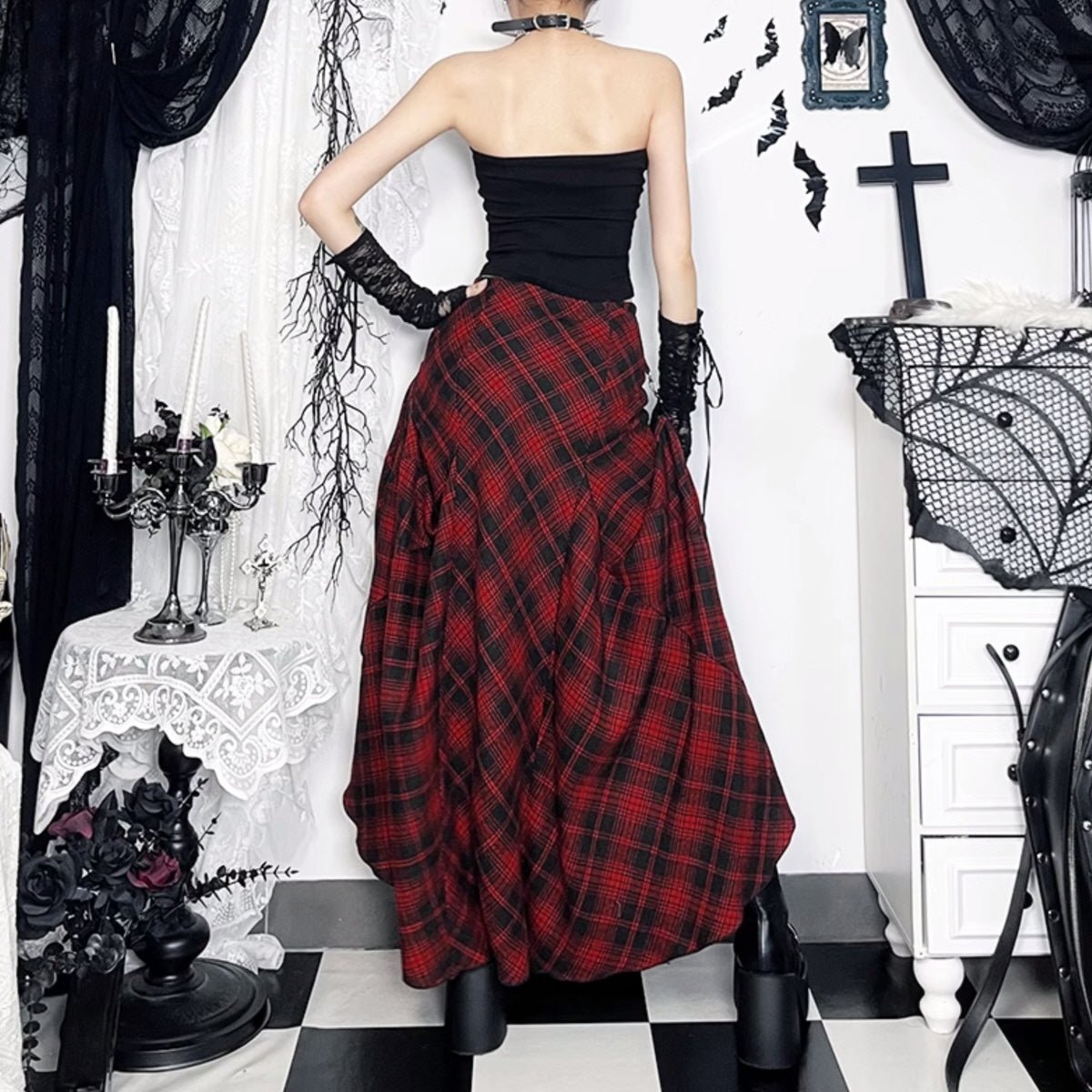 Red Plaid Layered Buckle Skirt